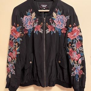 Johnny Was Silk Bomber Jacket Embroidered Flowers
